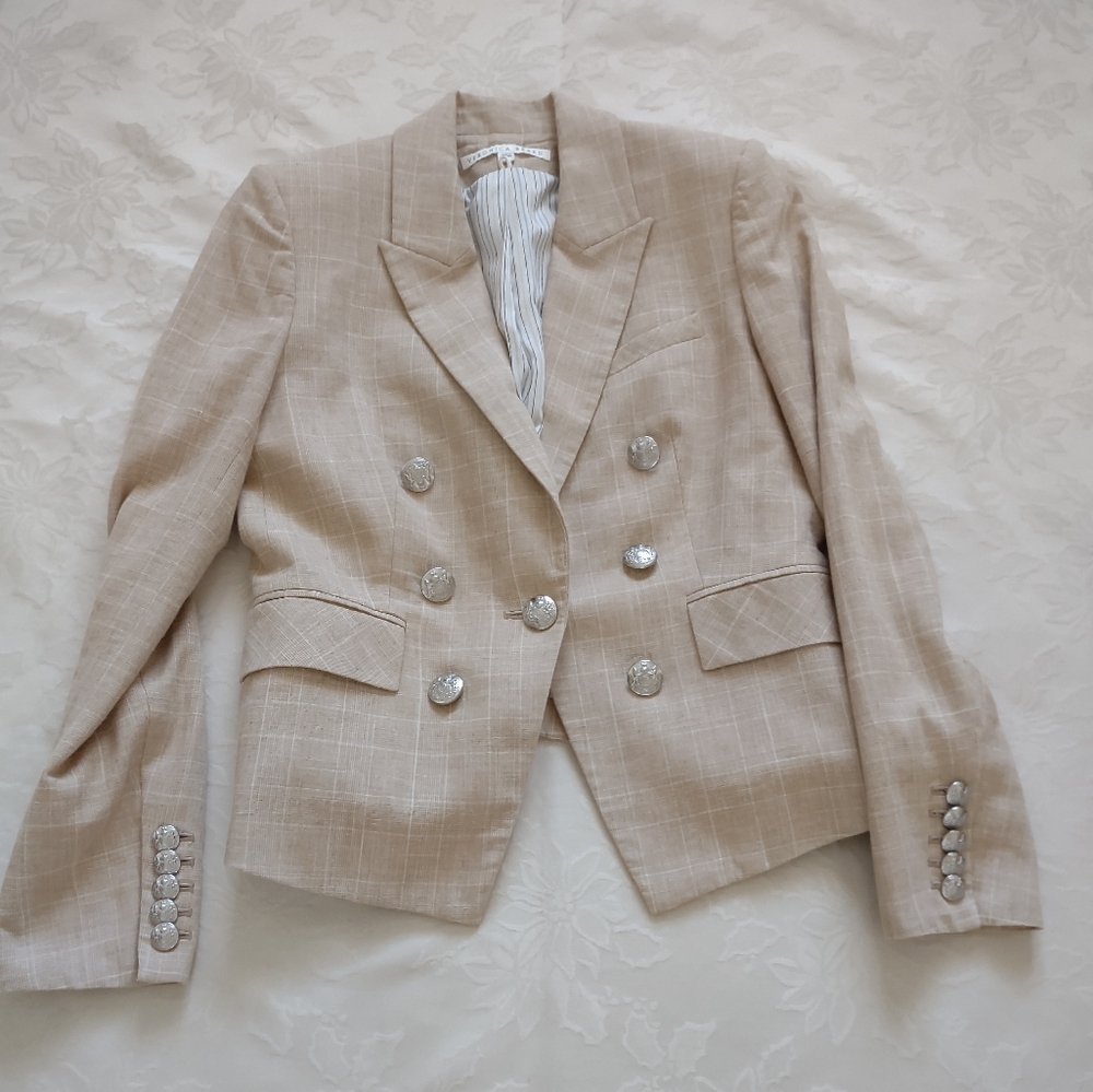 Veronica Beard Diego Dickey silver metallic crest buttons linen cotton blazer